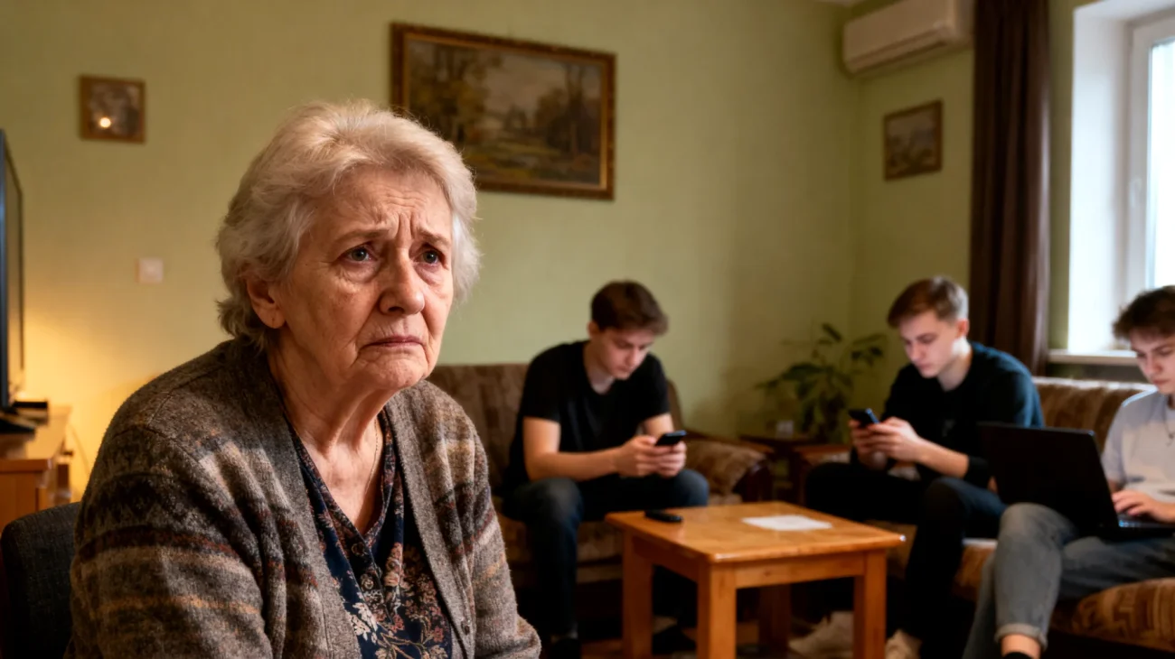 Babcia martwi się, że jej dorosłe wnuki spędzają zbyt dużo czasu przed ekranami urządzeń elektronicznych podczas odwiedzin, zamiast rozmawiać z nią i angażować się w wspólne aktywności rodzinne."