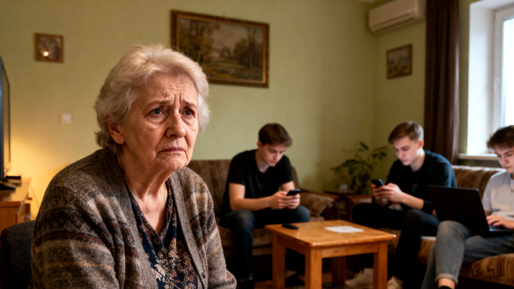 Babcia martwi się, że jej dorosłe wnuki spędzają zbyt dużo czasu przed ekranami urządzeń elektronicznych podczas odwiedzin, zamiast rozmawiać z nią i angażować się w wspólne aktywności rodzinne."