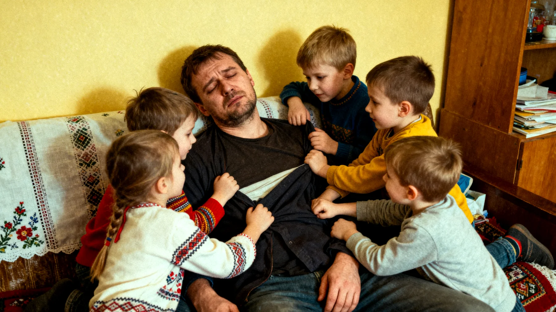 Ojciec boryka się z nadmierną zależnością swoich dzieci, które mają trudności z samodzielnością, ciągle potrzebują jego obecności, pomocy i potwierdzenia w każdej sytuacji, co utrudnia ich rozwój autonomii i pewności siebie."